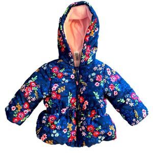 Little Me Puffer Coat baby size 12mo blue red pink floral polyester jacket 12M.